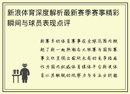 新浪体育深度解析最新赛季赛事精彩瞬间与球员表现点评